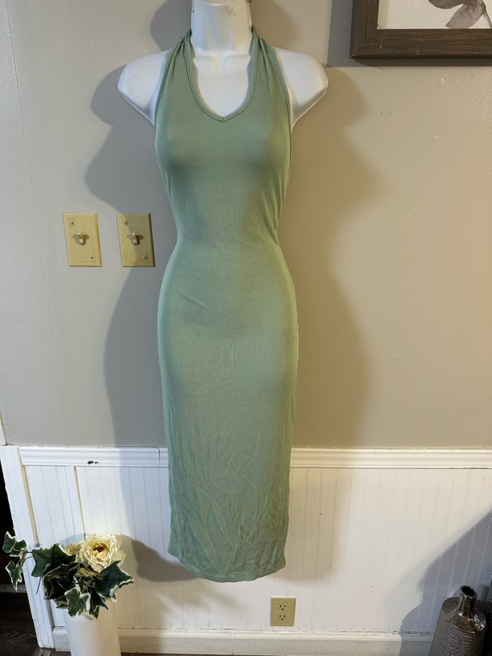 SHEIN Sage Green Halter Ribbed Midi Dress